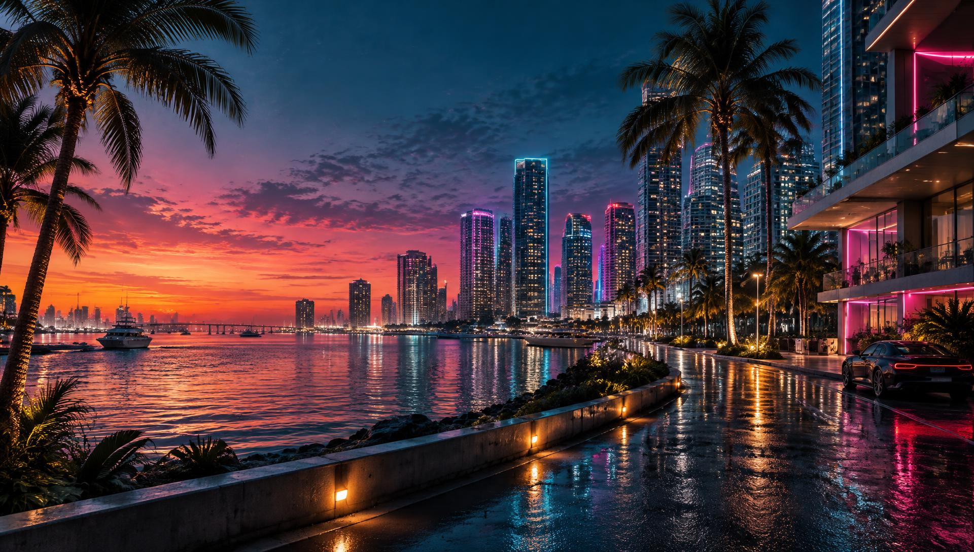 Ilustração original de uma cidade tropical à noite com luzes de neon